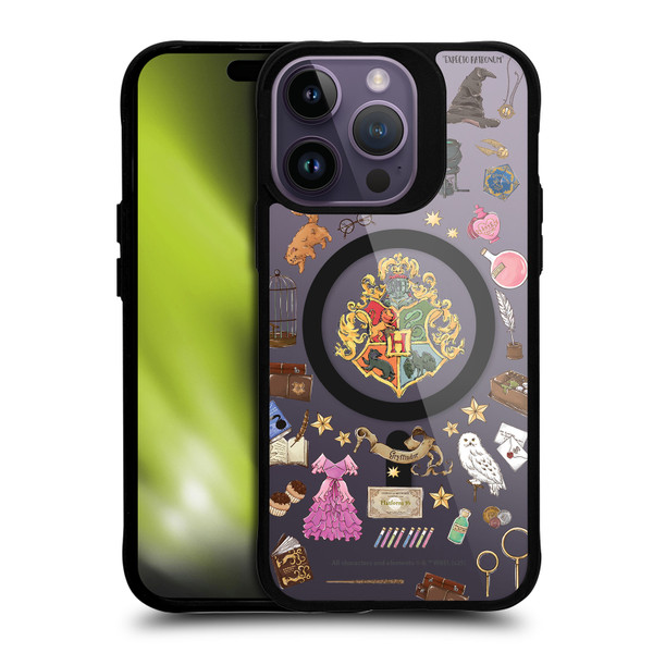 Harry Potter Magical Icons Hogwarts Pattern BLACK SHOCKPROOF BUMPER CASE COMPATIBLE WITH Apple iPhone 14 Pro Max & MAGSAFE