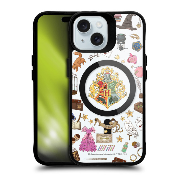 Harry Potter Magical Icons Hogwarts Pattern BLACK SHOCKPROOF BUMPER CASE COMPATIBLE WITH Apple iPhone 15 & MAGSAFE