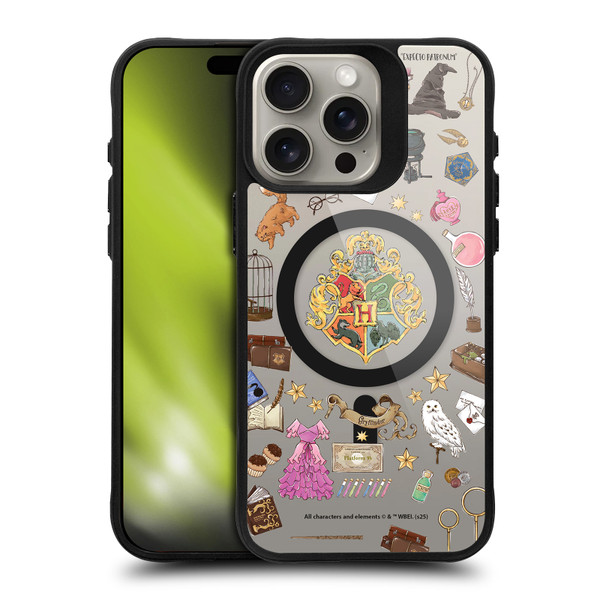 Harry Potter Magical Icons Hogwarts Pattern BLACK SHOCKPROOF BUMPER CASE COMPATIBLE WITH Apple iPhone 15 Pro Max & MAGSAFE