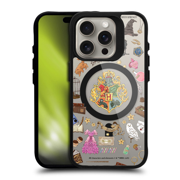 Harry Potter Magical Icons Hogwarts Pattern BLACK SHOCKPROOF BUMPER CASE COMPATIBLE WITH Apple iPhone 15 Pro & MAGSAFE