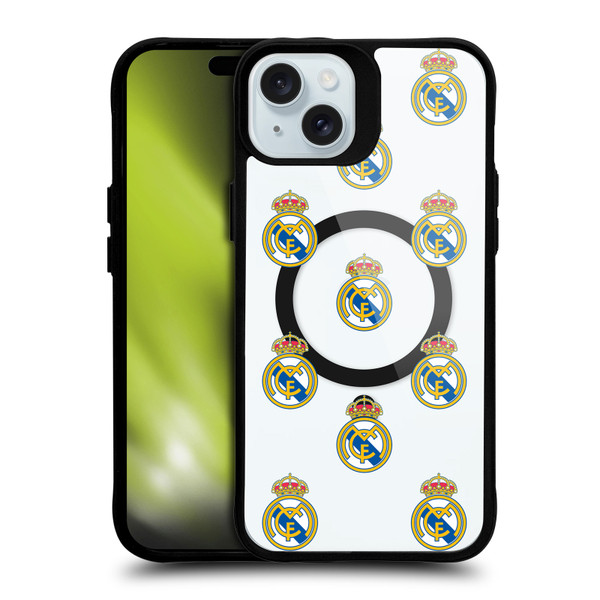 Real Madrid CF Logo Icon Pattern BLACK SHOCKPROOF BUMPER CASE COMPATIBLE WITH  & MAGSAFE Apple iPhone 15 Plus