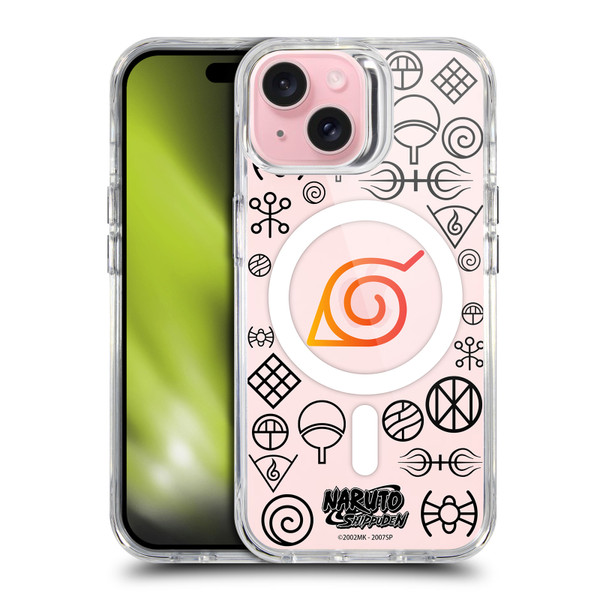 Naruto Shippuden Characters & Icons Konoha Pattern SHOCKPROOF BUMPER CASE COMPATIBLE WITH Apple iPhone 15 & MAGSAFE