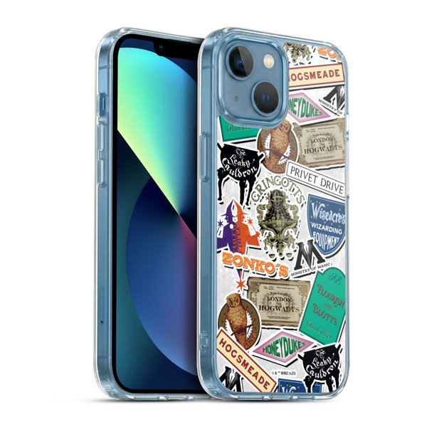 Harry Potter Locations Typography Logo Collage Soft Gel Case for Apple iPhone 13 Mini & MagSafe