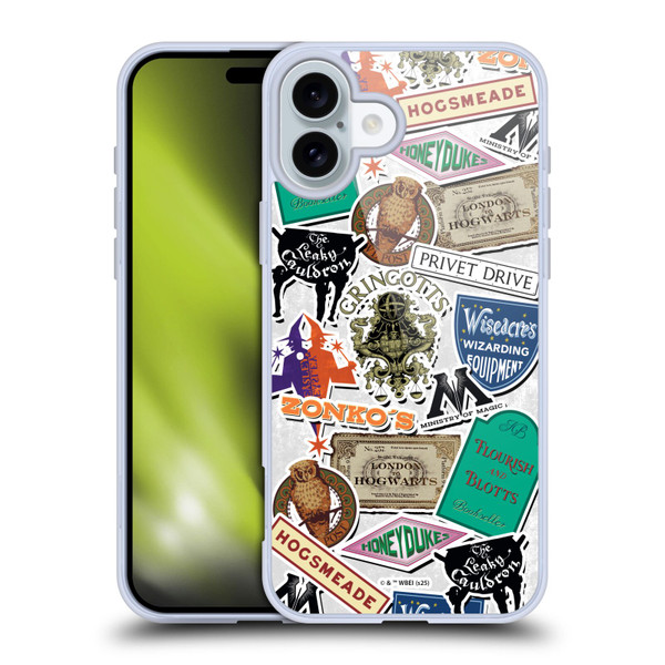 Harry Potter Locations Typography Logo Collage Soft Gel Case for Apple iPhone 16 Plus & MagSafe