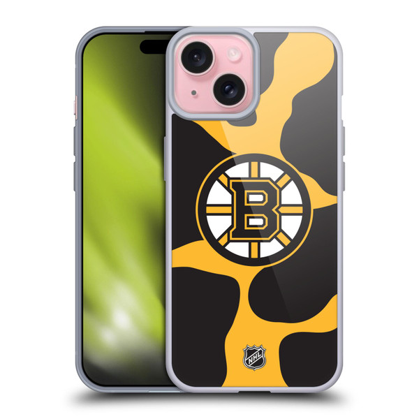 NHL Boston Bruins Cow Pattern Soft Gel Case for Apple iPhone 15 & MagSafe