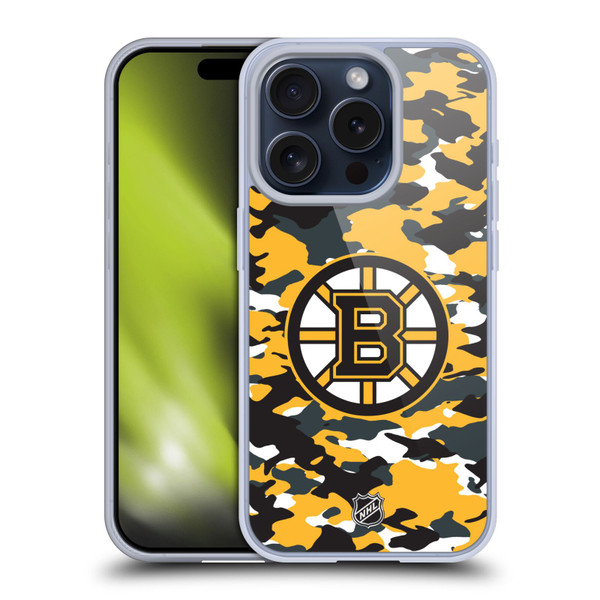 NHL Boston Bruins Camouflage Soft Gel Case for Apple iPhone 15 Pro
