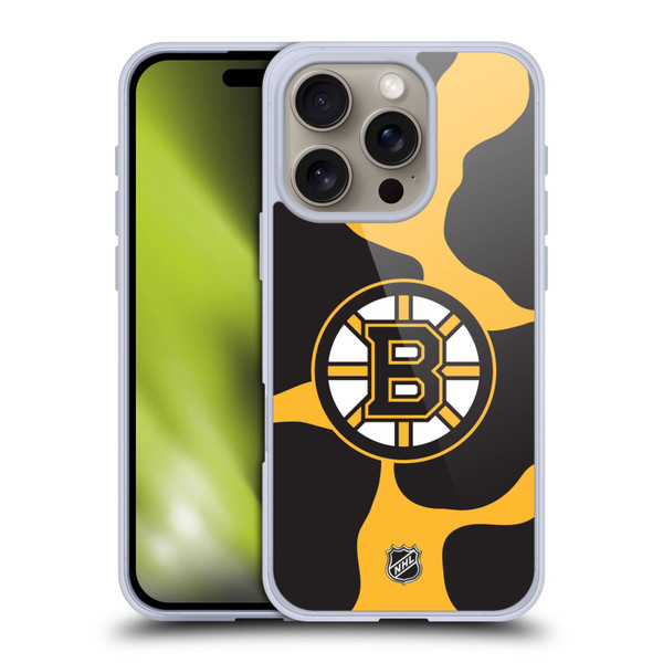 NHL Boston Bruins Cow Pattern Soft Gel Case for Apple iPhone 16 Pro & MagSafe