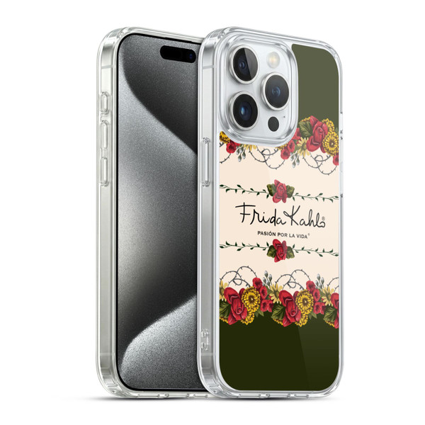 Frida Kahlo Red Florals Border Soft Gel Case for Apple iPhone 15 Pro & MagSafe
