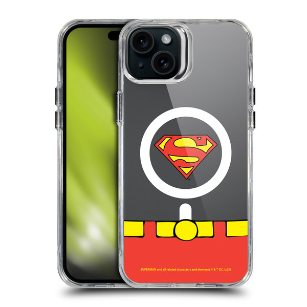 Superman DC Comics Logos and Comics Costume SHOCKPROOF BUMPER CASE COMPATIBLE WITH Apple iPhone 15 Plus & MAGSAFE