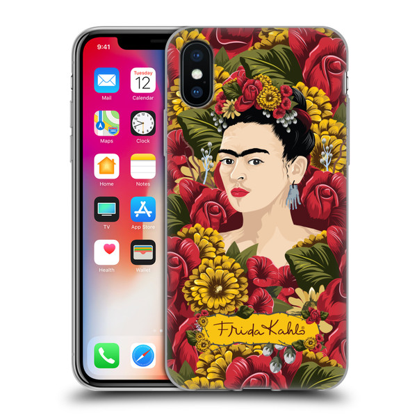 Frida Kahlo Red Florals Portrait Pattern Soft Gel Case for Apple iPhone X / iPhone XS & MagSafe