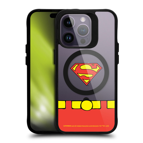 Superman DC Comics Logos and Comics Costume BLACK SHOCKPROOF BUMPER CASE COMPATIBLE WITH Apple iPhone 14 Pro & MAGSAFE