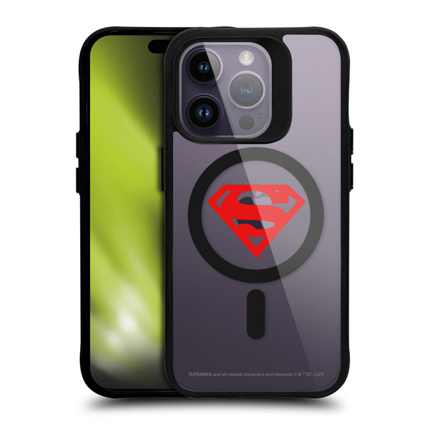 Superman DC Comics Logos and Comics Red Logo BLACK SHOCKPROOF BUMPER CASE COMPATIBLE WITH Apple iPhone 14 Pro & MAGSAFE