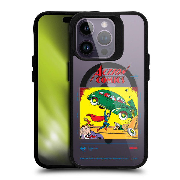 Superman DC Comics Logos and Comics Vintage BLACK SHOCKPROOF BUMPER CASE COMPATIBLE WITH Apple iPhone 14 Pro & MAGSAFE