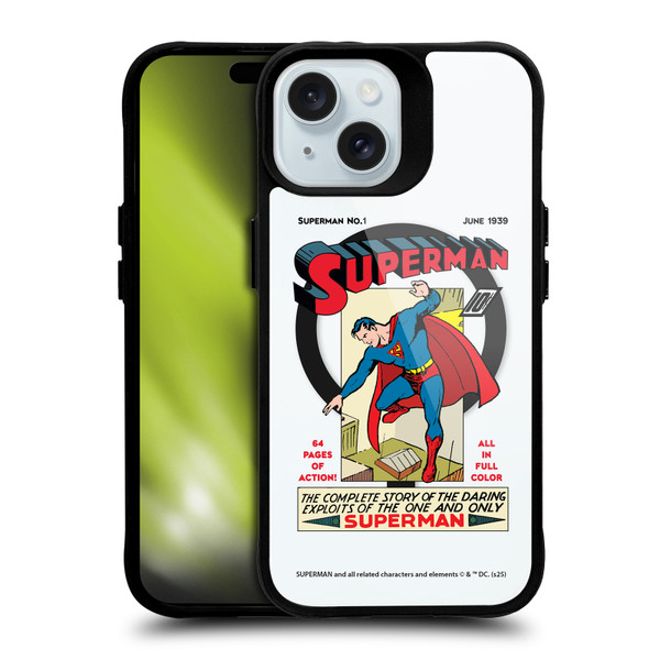 Superman DC Comics Logos and Comics Famous BLACK SHOCKPROOF BUMPER CASE COMPATIBLE WITH Apple iPhone 15 & MAGSAFE