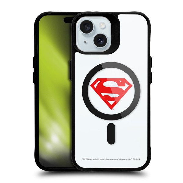 Superman DC Comics Logos and Comics Red Logo BLACK SHOCKPROOF BUMPER CASE COMPATIBLE WITH Apple iPhone 15 & MAGSAFE