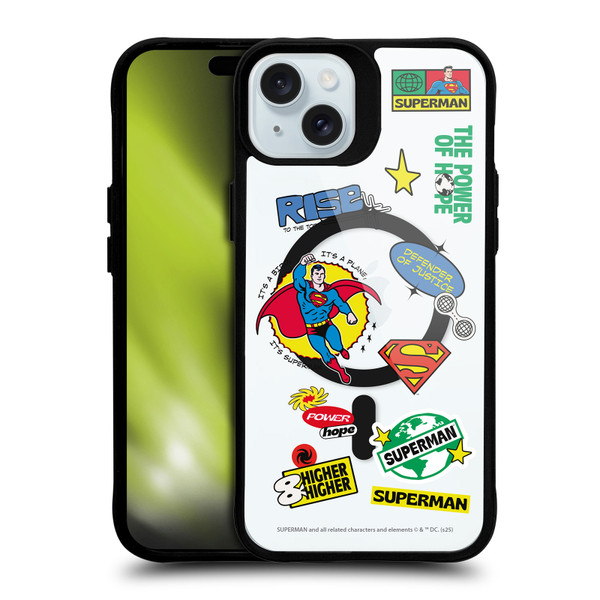 Superman DC Comics Logos and Comics Icons BLACK SHOCKPROOF BUMPER CASE COMPATIBLE WITH Apple iPhone 15 Plus & MAGSAFE
