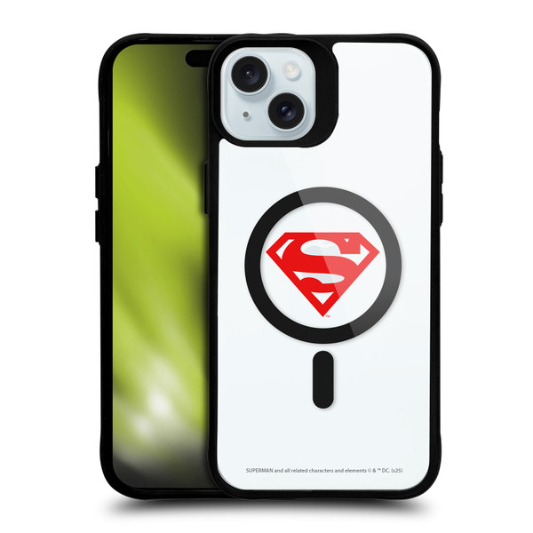 Superman DC Comics Logos and Comics Red Logo BLACK SHOCKPROOF BUMPER CASE COMPATIBLE WITH Apple iPhone 15 Plus & MAGSAFE