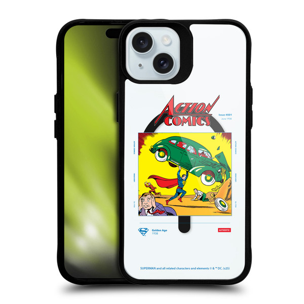 Superman DC Comics Logos and Comics Vintage BLACK SHOCKPROOF BUMPER CASE COMPATIBLE WITH Apple iPhone 15 Plus & MAGSAFE