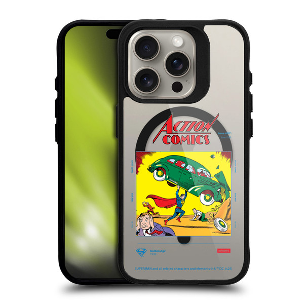 Superman DC Comics Logos and Comics Vintage BLACK SHOCKPROOF BUMPER CASE COMPATIBLE WITH Apple iPhone 15 Pro & MAGSAFE