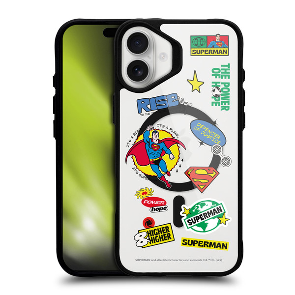 Superman DC Comics Logos and Comics Icons BLACK SHOCKPROOF BUMPER CASE COMPATIBLE WITH Apple iPhone 16 Plus & MAGSAFE