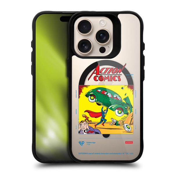 Superman DC Comics Logos and Comics Vintage BLACK SHOCKPROOF BUMPER CASE COMPATIBLE WITH Apple iPhone 16 Pro & MAGSAFE