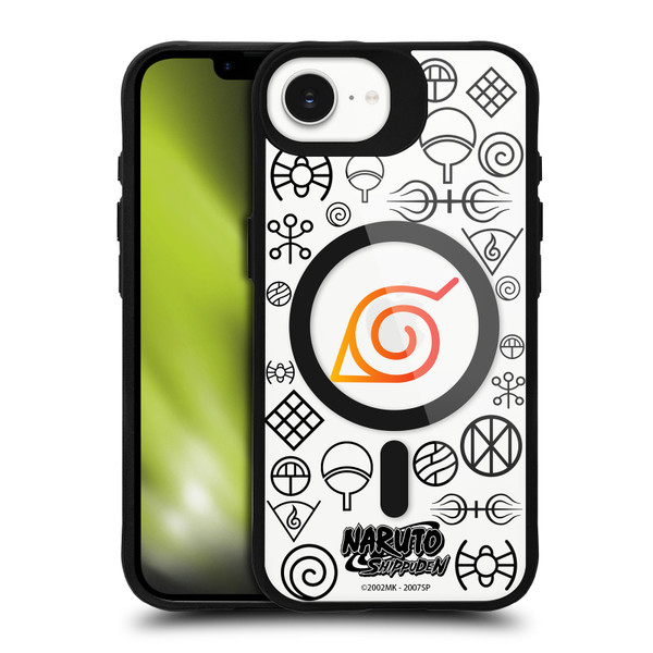 Naruto Shippuden Characters & Icons Konoha Pattern BLACK SHOCKPROOF BUMPER CASE COMPATIBLE WITH Apple iPhone 16e / Apple iPhone 17e & MAGSAFE