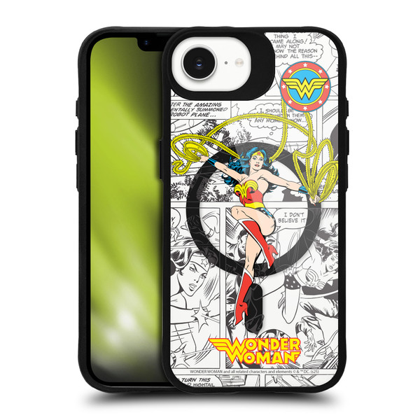 Wonder Woman DC Comics Logos and Comics Vintage Art BLACK SHOCKPROOF BUMPER CASE COMPATIBLE WITH Apple iPhone 16e / Apple iPhone 17e & MAGSAFE
