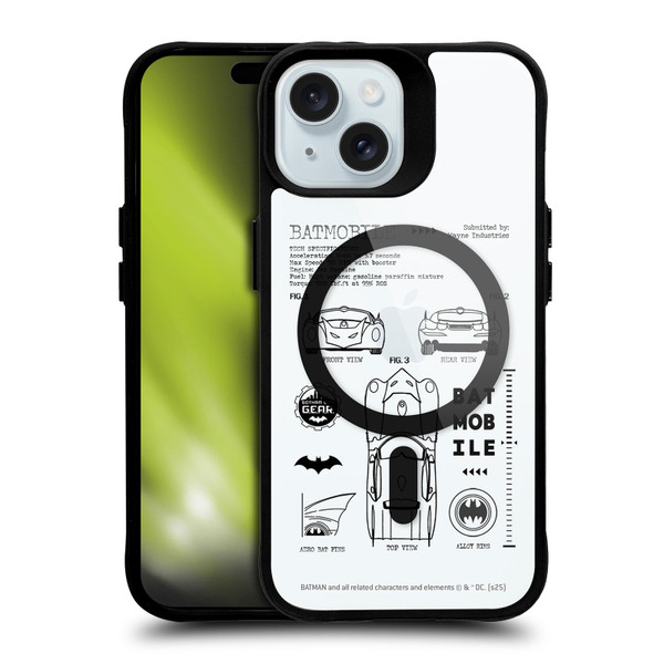 Batman DC Comics Logos and Comics Batmobile BLACK SHOCKPROOF BUMPER CASE COMPATIBLE WITH Apple iPhone 15 & MAGSAFE