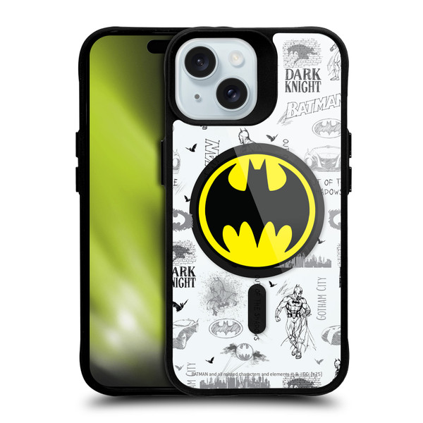 Batman DC Comics Logos and Comics Collage BLACK SHOCKPROOF BUMPER CASE COMPATIBLE WITH Apple iPhone 15 & MAGSAFE