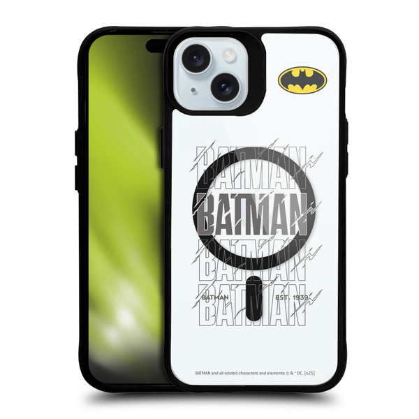 Batman DC Comics Logos and Comics Bold BLACK SHOCKPROOF BUMPER CASE COMPATIBLE WITH Apple iPhone 15 Plus & MAGSAFE