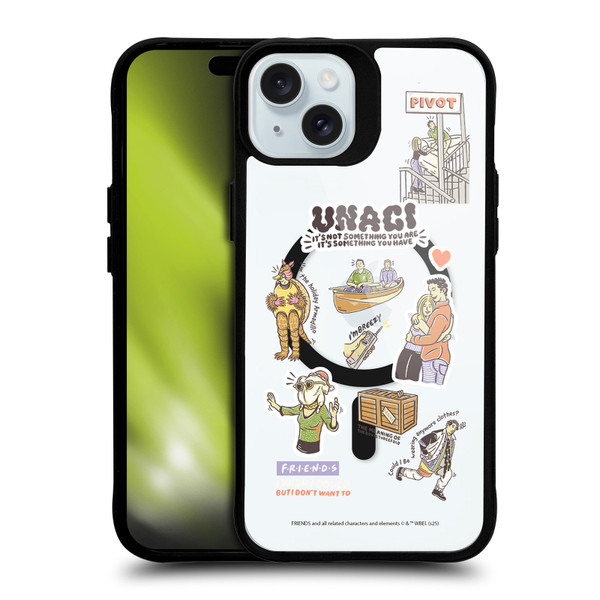 Friends TV Show Character Icons Characters BLACK SHOCKPROOF BUMPER CASE COMPATIBLE WITH Apple iPhone 15 Plus & MAGSAFE