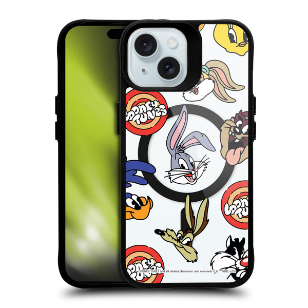 Looney Tunes Character Art Faces BLACK SHOCKPROOF BUMPER CASE COMPATIBLE WITH Apple iPhone 15 & MAGSAFE