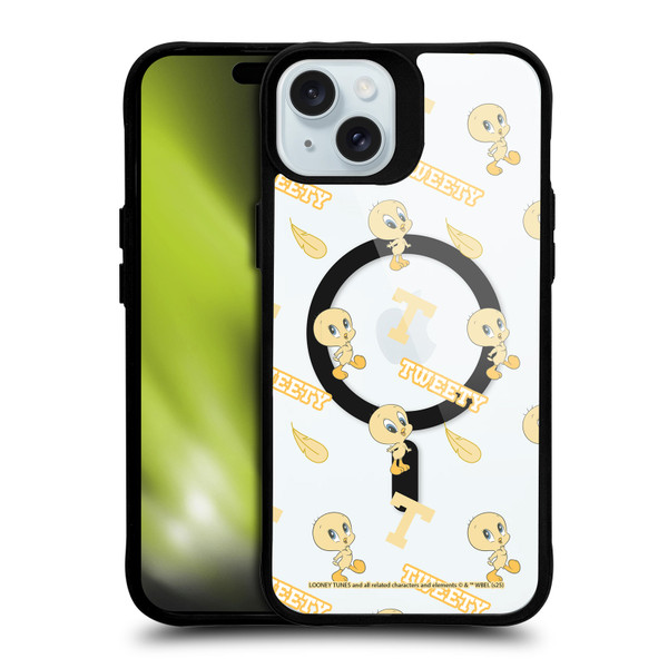 Looney Tunes Character Art Tweety Pattern BLACK SHOCKPROOF BUMPER CASE COMPATIBLE WITH Apple iPhone 15 Plus & MAGSAFE