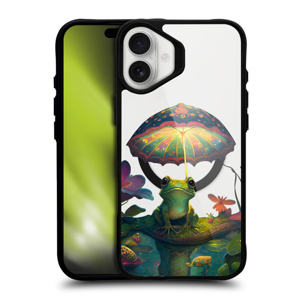 JK Stewart Art Collection Frog With Umbrella BLACK SHOCKPROOF BUMPER CASE COMPATIBLE WITH Apple iPhone 16 Plus & MAGSAFE