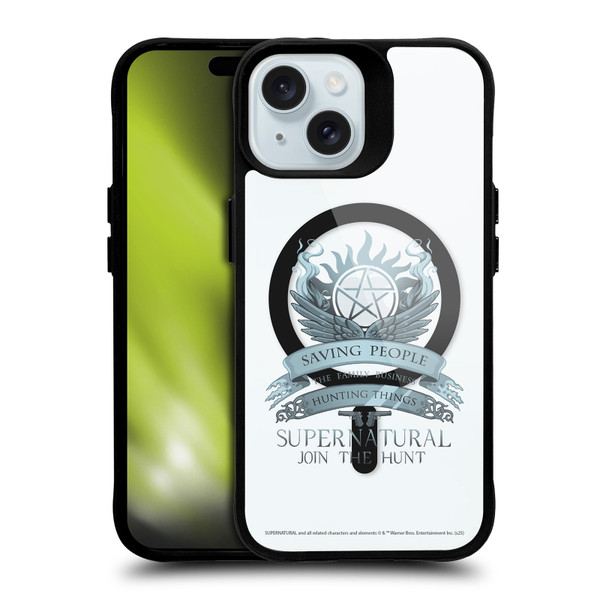 Supernatural Character Art Saving People Logo BLACK SHOCKPROOF BUMPER CASE COMPATIBLE WITH Apple iPhone 15 & MAGSAFE