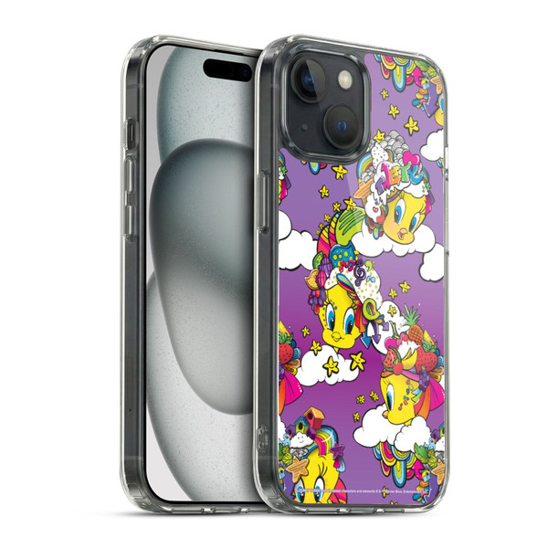 Looney Tunes Patterns Tweety Purple Soft Gel Case for Apple iPhone 15 & MagSafe