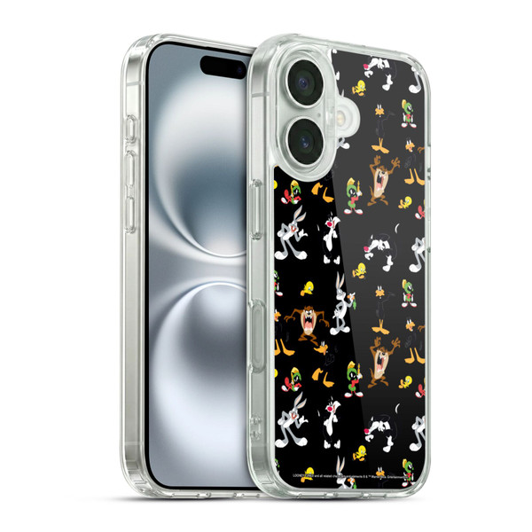 Looney Tunes Patterns Black Soft Gel Case for Apple iPhone 16 & MagSafe
