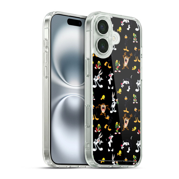 Looney Tunes Patterns Black Soft Gel Case for Apple iPhone 16 Plus & MagSafe