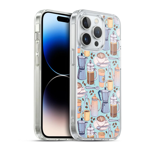 Micklyn Le Feuvre Patterns 2 Coffee Love On Blue Soft Gel Case for Apple iPhone 14 Pro & MagSafe