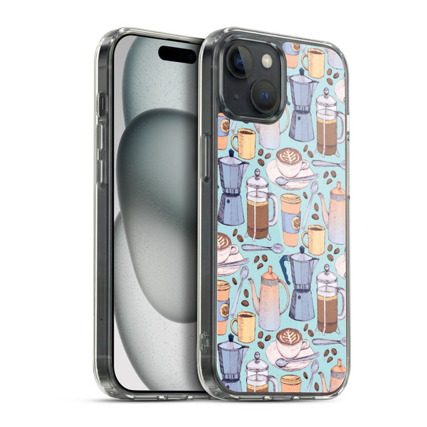 Micklyn Le Feuvre Patterns 2 Coffee Love On Blue Soft Gel Case for Apple iPhone 15 Plus & MagSafe