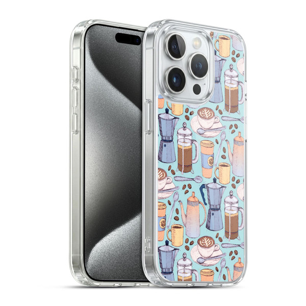 Micklyn Le Feuvre Patterns 2 Coffee Love On Blue Soft Gel Case for Apple iPhone 15 Pro & MagSafe