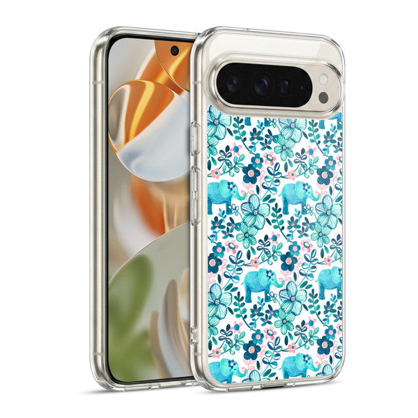 Micklyn Le Feuvre Patterns 2 Dusty Pink White And Teal Elephant Soft Gel Case for Google Pixel 9 / Pixel 9 Pro