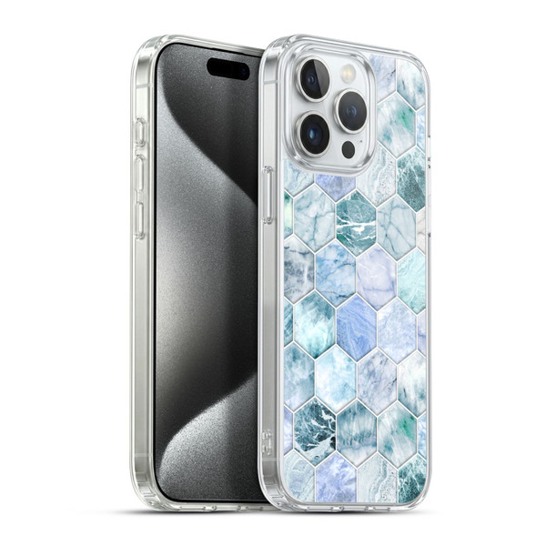 Micklyn Le Feuvre Marble Patterns Ice Blue And Jade Stone And Hexagon Tiles Soft Gel Case for Apple iPhone 15 Pro Max & MagSafe