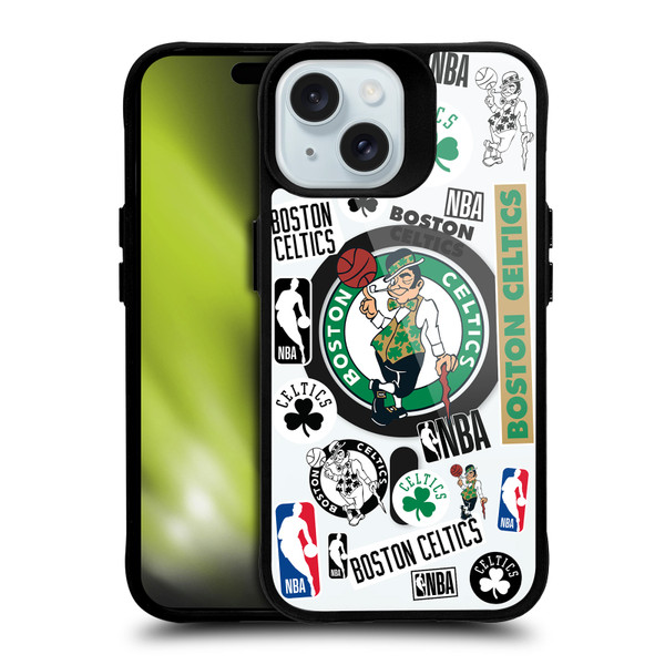 NBA Boston Celtics Sticker Collage Print BLACK SHOCKPROOF BUMPER CASE COMPATIBLE WITH Apple iPhone 15 & MAGSAFE