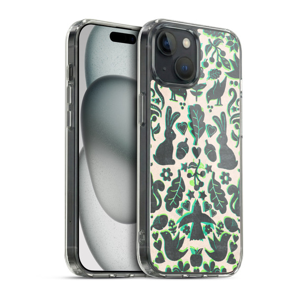 Micklyn Le Feuvre Animals Two Rabbits Folk Art Pattern Soft Gel Case for Apple iPhone 15 & MagSafe