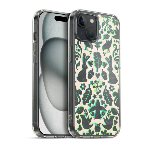 Micklyn Le Feuvre Animals Two Rabbits Folk Art Pattern Soft Gel Case for Apple iPhone 15 Plus & MagSafe