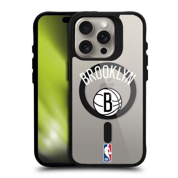 NBA Brooklyn Nets Logo Black Design Text BLACK SHOCKPROOF BUMPER CASE COMPATIBLE WITH Apple iPhone 15 Pro & MAGSAFE