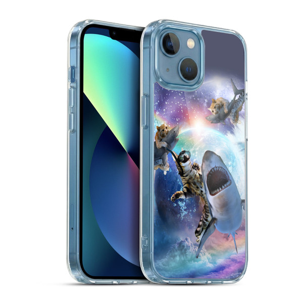 Random Galaxy Animals Space Cat Riding Shark Soft Gel Case for Apple iPhone 13 Mini & MagSafe