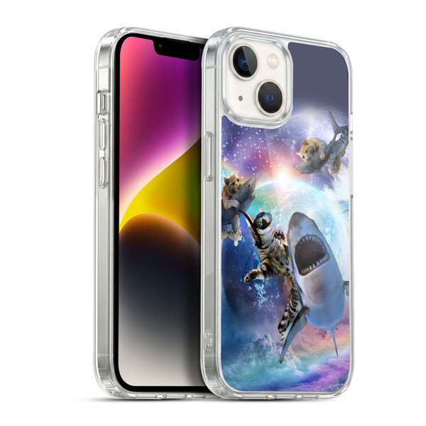 Random Galaxy Animals Space Cat Riding Shark Soft Gel Case for Apple iPhone 14