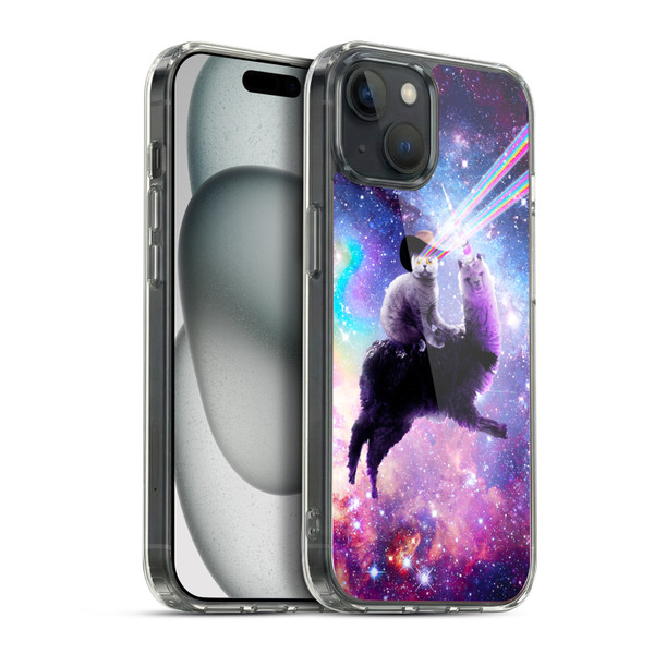 Random Galaxy Animals Laser Space Cat Riding Llama Soft Gel Case for Apple iPhone 15 Plus & MagSafe